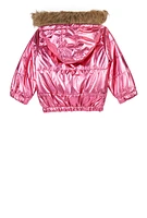 Toddler Girls Metallic Faux Fur Trim Puffer Jacket, Pink, Size 3T