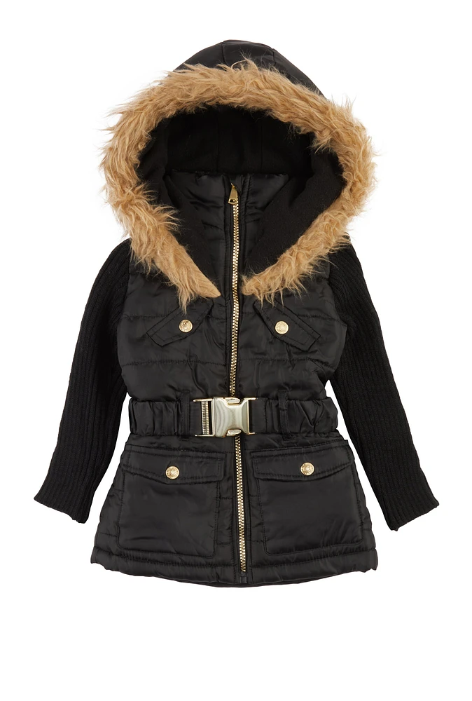 Toddler Girls Faux Fur Hooded Puffer Jacket, Black, Size 2T