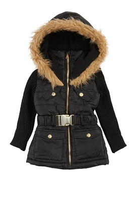 Toddler Girls Faux Fur Hooded Puffer Jacket, Black, Size 3T