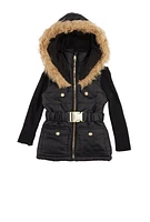 Toddler Girls Knitted Sleeve Hooded Puffer Jacket, Black, Size 2T