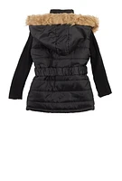 Toddler Girls Knitted Sleeve Hooded Puffer Jacket, Black, Size 2T