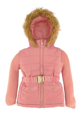 Toddler Girls Knitted Sleeve Belted Puffer Jacket, Pink,