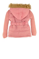 Toddler Girls Knitted Sleeve Belted Puffer Jacket, Pink,