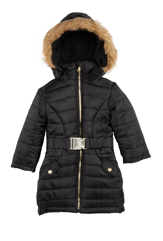 Toddler Girls Belted Hooded Puffer Jacket, Black, Size 4T