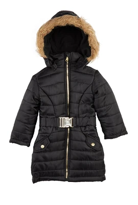 Toddler Girls Belted Hooded Puffer Jacket, Black, Size 3T