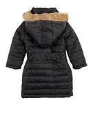 Toddler Girls Belted Hooded Puffer Jacket, Black, Size 4T