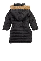 Toddler Girls Belted Hooded Puffer Jacket, Black, Size 3T