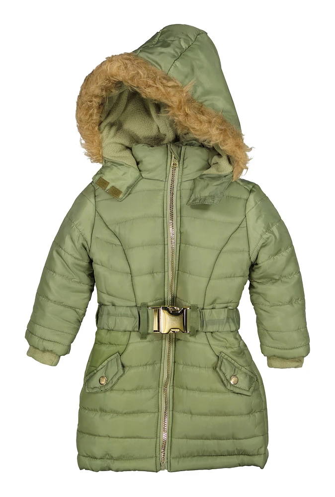 Toddler Girls Faux Fur Trim Hooded Puffer Jacket, Green, Size 3T