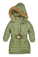 Toddler Girls Faux Fur Trim Hooded Puffer Jacket, Green, Size 4T