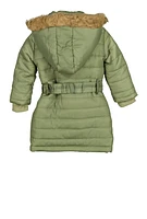 Toddler Girls Faux Fur Trim Hooded Puffer Jacket, Green, Size 3T