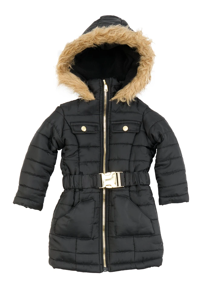 Toddler Girls Hooded Faux Fur Trim Belted Puffer Jacket, Black, Size 4T