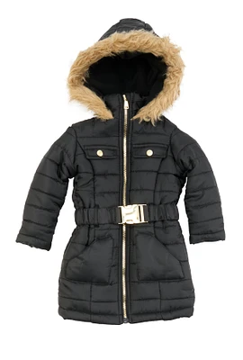 Toddler Girls Hooded Faux Fur Trim Belted Puffer Jacket, Black, Size 3T