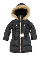 Toddler Girls Hooded Faux Fur Trim Belted Puffer Jacket, Black, Size 4T