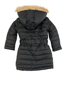 Toddler Girls Hooded Faux Fur Trim Belted Puffer Jacket, Black, Size 4T