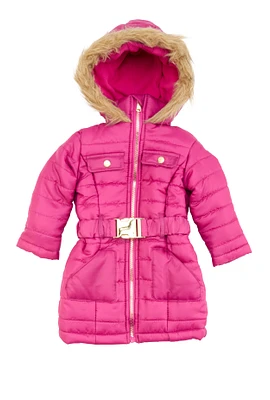 Toddler Girls Hooded Faux Fur Trim Belted Puffer Jacket, Pink, Size 3T