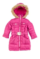 Toddler Girls Hooded Faux Fur Trim Belted Puffer Jacket, Pink, Size 2T