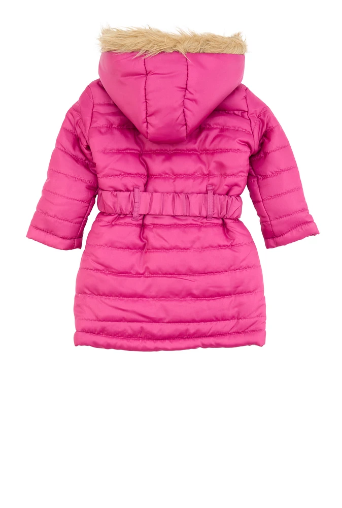 Toddler Girls Hooded Faux Fur Trim Belted Puffer Jacket, Pink, Size 2T