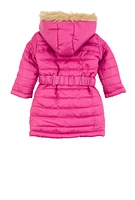 Toddler Girls Hooded Faux Fur Trim Belted Puffer Jacket, Pink, Size 3T