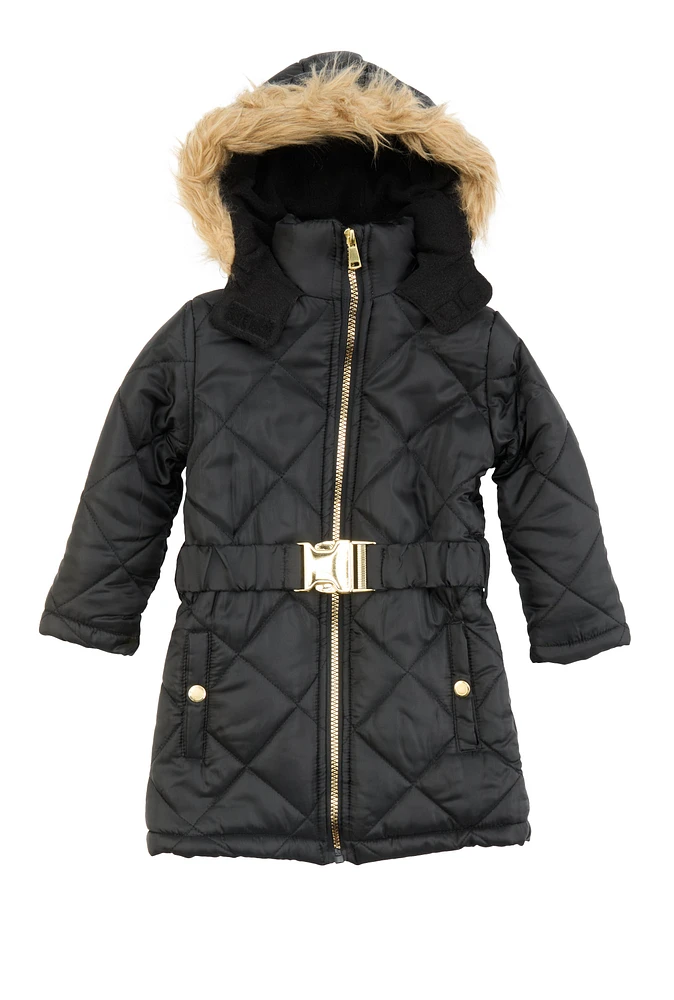 Toddler Girls Faux Fur Hooded Quilted Puffer Jacket, Black, Size 3T