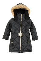 Toddler Girls Faux Fur Hooded Quilted Puffer Jacket, Black, Size 3T