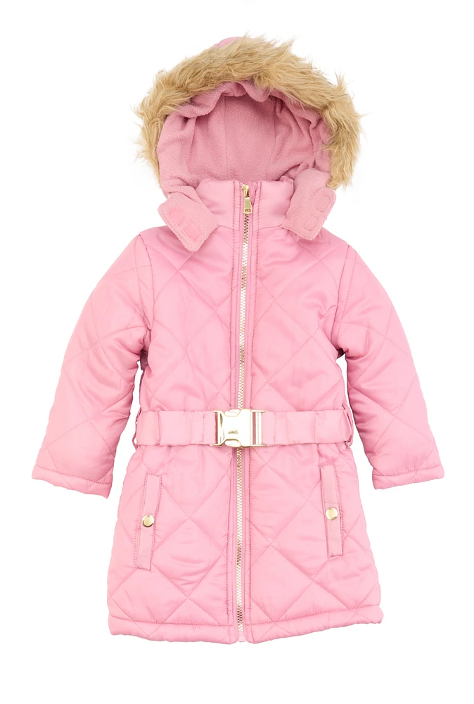 Toddler Girls Faux Fur Hooded Quilted Puffer Jacket, Pink, Size 4T