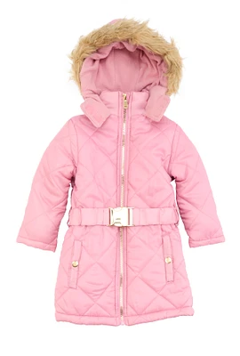 Toddler Girls Faux Fur Hooded Quilted Puffer Jacket, Pink, Size 4T