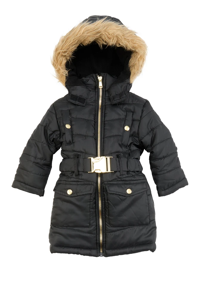 Toddler Girls Faux Fur Hooded Cargo Puffer Jacket, Black, Size 3T