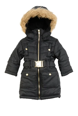 Toddler Girls Faux Fur Hooded Cargo Puffer Jacket, Black, Size 3T
