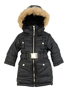 Toddler Girls Faux Fur Hooded Cargo Puffer Jacket, Black, Size 3T