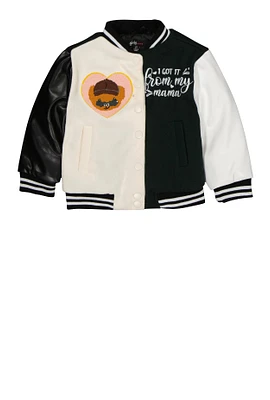 Toddler Girls Bear Chenille Graphic Patch Varsity Jacket, Green, Size 2T