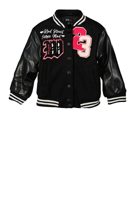 Toddler Girls Winner Chenille Graphic Color Block Varsity Jacket, Black, Size 4T
