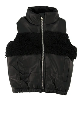 Toddler Girls Sherpa Detail Faux Leather Vest, Black,