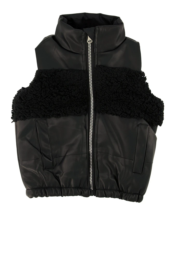 Toddler Girls Sherpa Detail Faux Leather Vest, Black, Size 4T