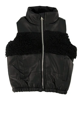Toddler Girls Sherpa Detail Faux Leather Vest, Black, Size 4T