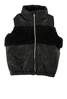 Toddler Girls Sherpa Detail Faux Leather Vest, Black, Size 4T