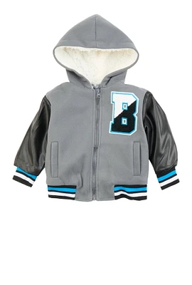 Toddler Boys Hooded Zip Front Letterman Jacket, Grey, Size 4T