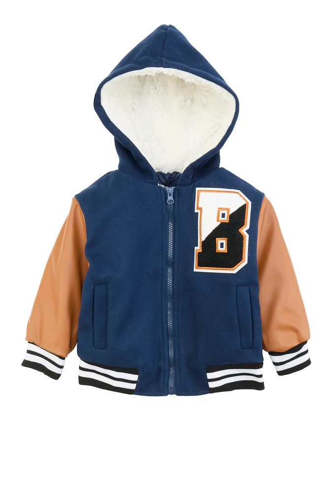 Toddler Boys Hooded Zip Front Letterman Jacket, 3T