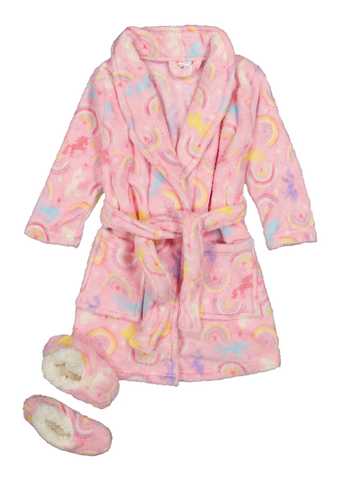 Toddler Girls Rainbow Print Bath Robe with Sherpa Slippers, Pink, Size 3T