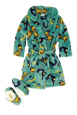 Toddler Boys Dinosaur Robe and Sherpa Slippers, Green, Size 4T