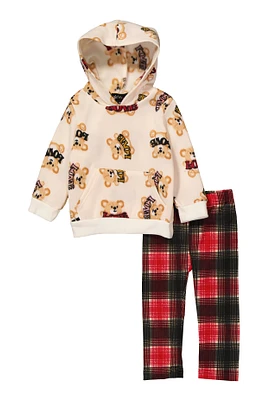 Baby Girls 12-24M Love Teddy Bear Print Hoodie and Plaid Leggings, Multi, Size 12M