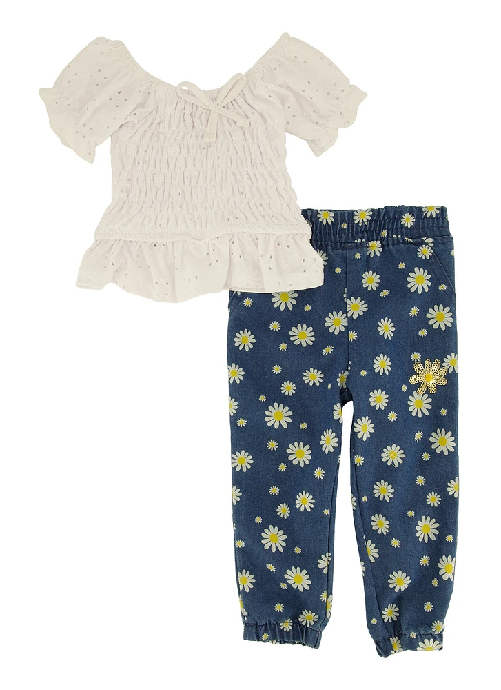 Baby Girls 12-24M Eyelet Peasant Top and Floral Joggers, White, Size 18M