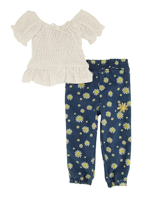 Baby Girls 12-24M Eyelet Peasant Top and Floral Joggers, White, Size 18M