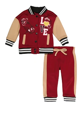 Baby Girls 12-24M Love Graphic Varsity Jacket and Joggers, Red,