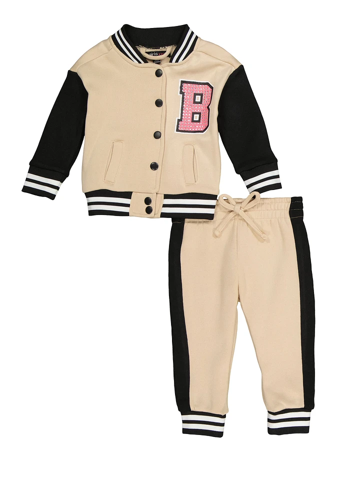 Baby Girls 12-24M Boss Graphic Back Varsity Jacket and Joggers, Beige, Size 12M