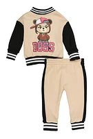 Baby Girls 12-24M Boss Graphic Back Varsity Jacket and Joggers, Beige, Size 12M