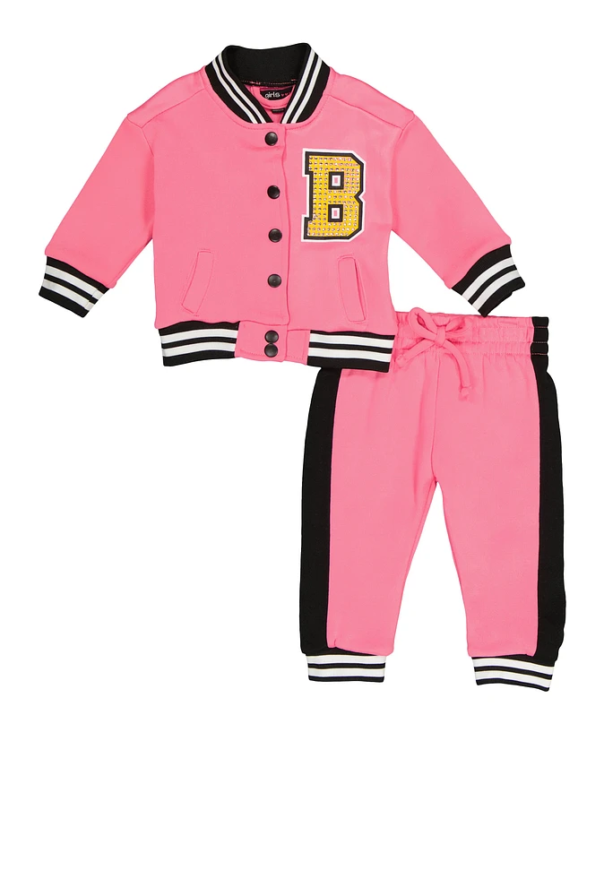 Baby Girls 12-24M Boss Graphic Back Varsity Jacket and Joggers, Pink, Size 24M