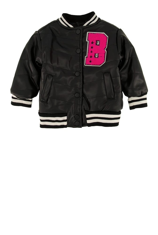 Baby Girls 12-24M B Initial Faux Leather Varsity Jacket, Black, Size 18M