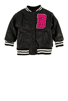 Baby Girls 12-24M B Initial Faux Leather Varsity Jacket, Black, Size 18M