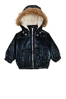 Baby Girls 12-24M Faux Fur Hooded Metallic Puffer Jacket,