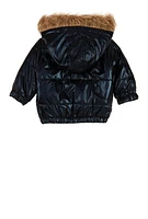 Baby Girls 12-24M Faux Fur Hooded Metallic Puffer Jacket,